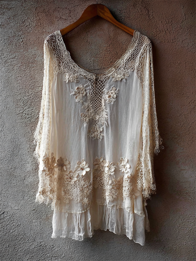 Vintage Boho Floral Lace Flowy Linen Tunic elevenforest