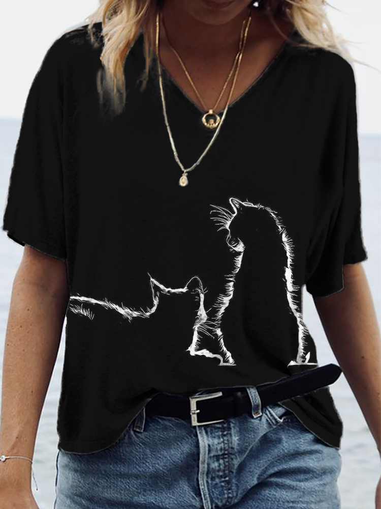 wearshes Lovely Cats Silhouette Short Sleeve Casual T-Shirt