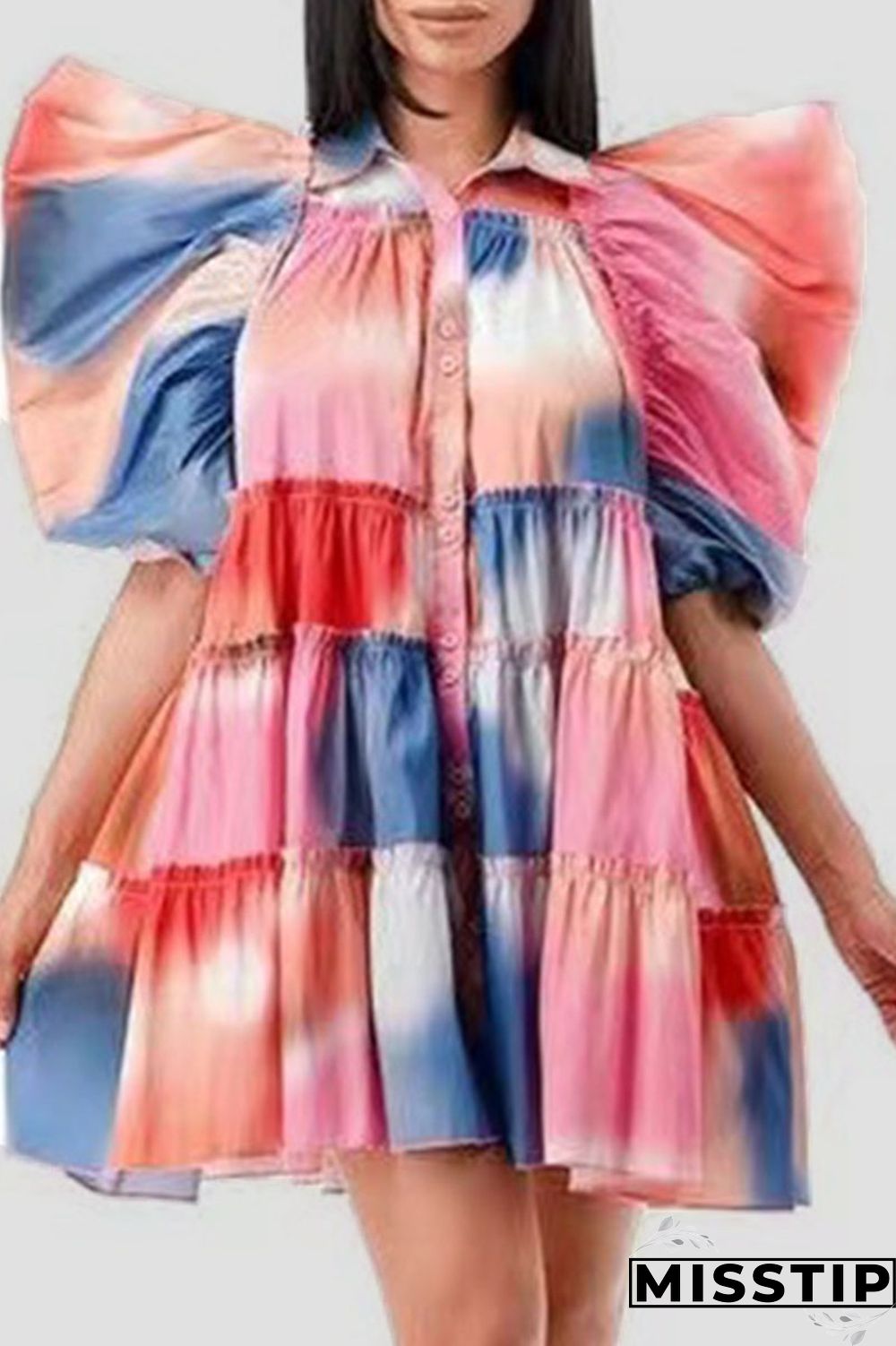 Pink Fashion Casual Print Patchwork Buckle Turndown Collar A Line Dresses