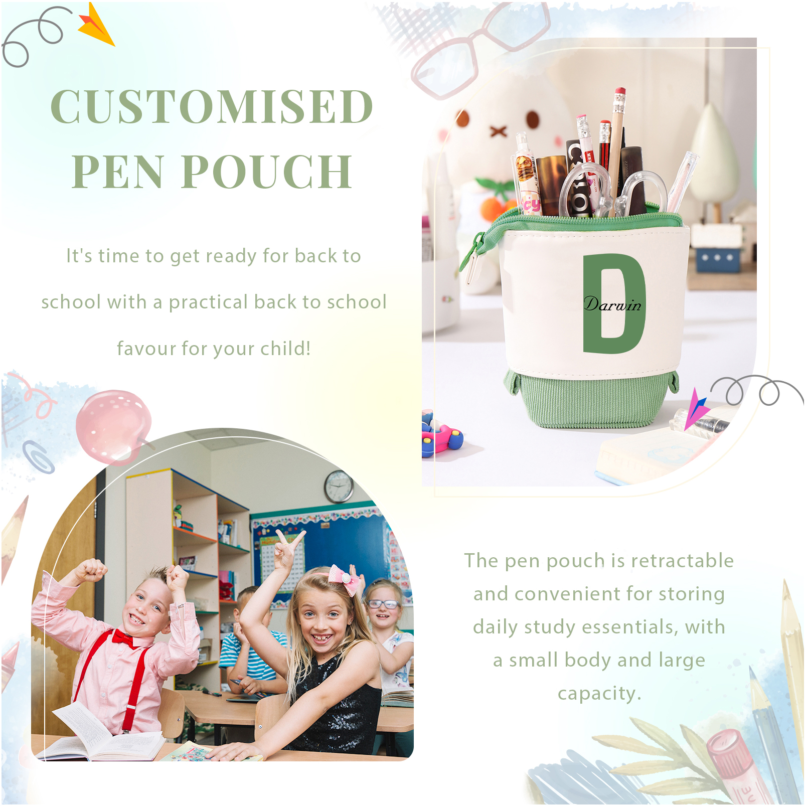 Personalised Pencil Case Custom Name & Letter Pen Pouch Canvas PU Leather Back To School Gift for Kids-Jessemade AU