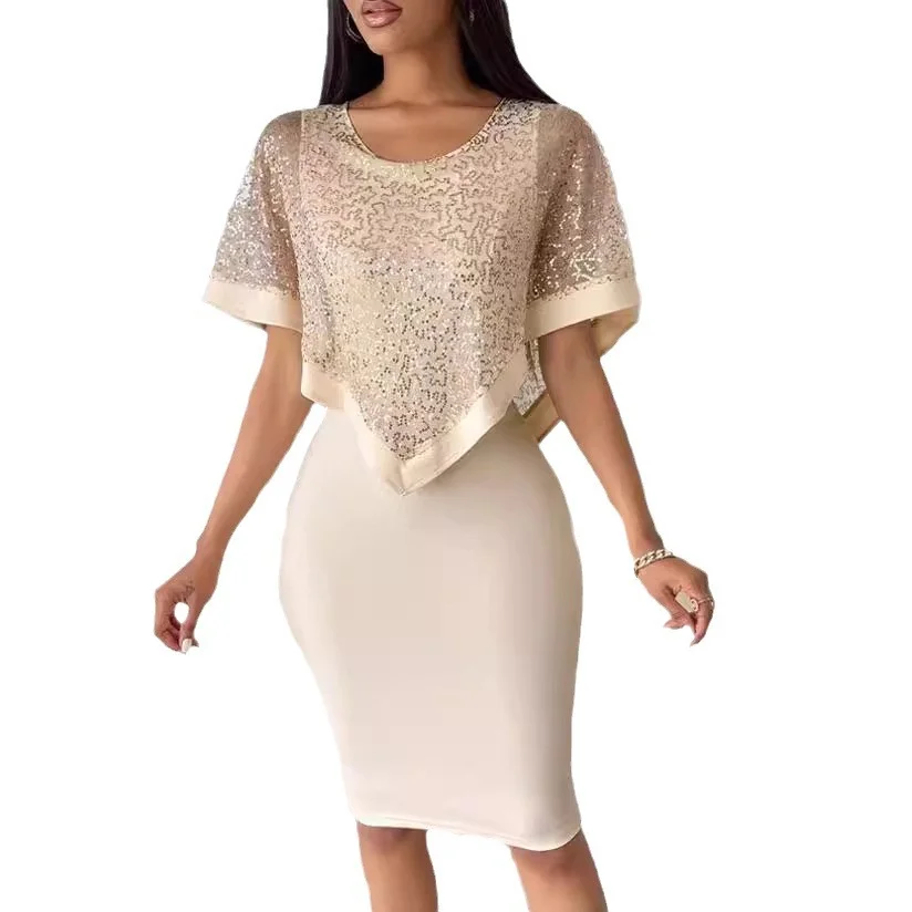 Wongn Wongn Women Sexy Elegant Slim Waist Fake Two Sequined Dresses