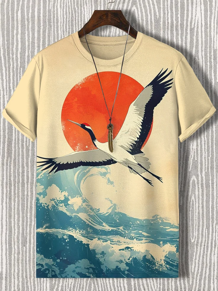Men's Japan Crane and Sea Sunrise Print Casual T-Shirt