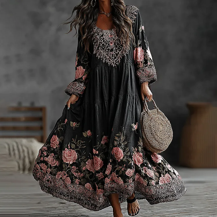 Women's Floral Art Flowy Linen Blend Casual Long Sleeve Maxi Dress