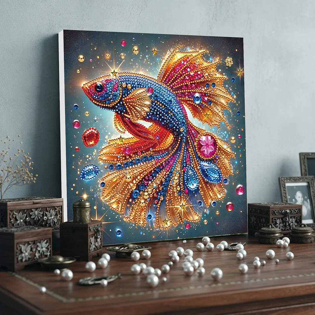 Fish DIY Special Shape Drill Art Craft Pearl Diamond Painting with Frame 25x25cm Diamond Art Pearl Painting Kit for Adults Beginners Home Decor