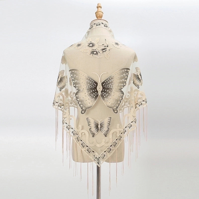 New Tassel Triangle Scarf Solid Color Hollow Lace Butterfly Embroidered Triangle Shawl Scarf For Women