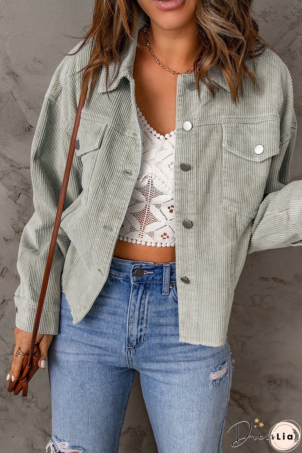 Double Take Raw Hem Button Down Corduroy Jacket with Pockets