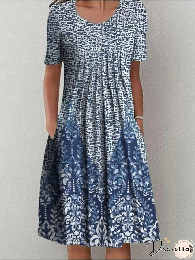 Casual Dress Shift Dress Midi Dress Blue Short Sleeve Floral Ruched Summer Spring Crew Neck Fashion Vacation S M L XL XXL 3XL for Women