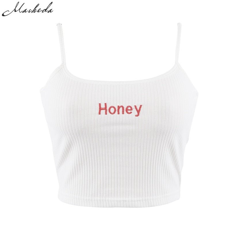 Macheda 2018 New Fashion Women Tank Tops Red White Letter "Honey" Print Sexy Casual Sleeveless Camisole Crochet Croptop