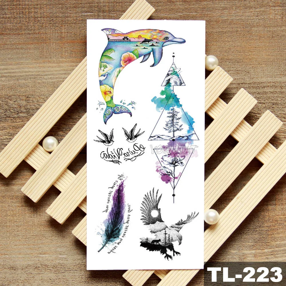 Sdrawing Owl Compass Waterproof Temporary Tattoo Sticker Flower Wolf Mountain Flash Tattoos Body Art Fake Arm tatoo Women