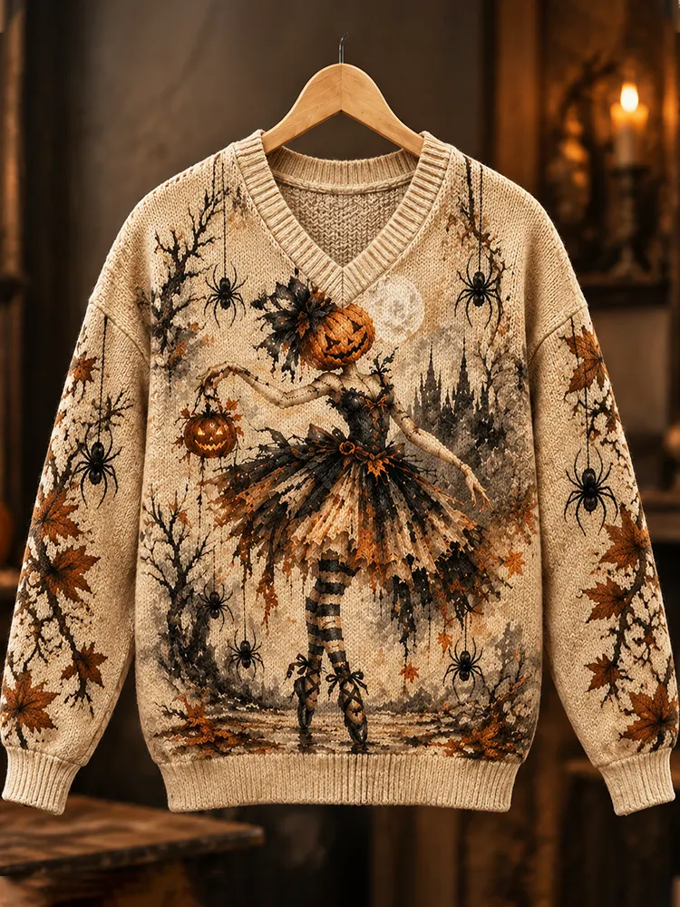 Comstylish Women's Halloween Pumpkin Witch & Spiders Pattern V-neck Knit Sweater