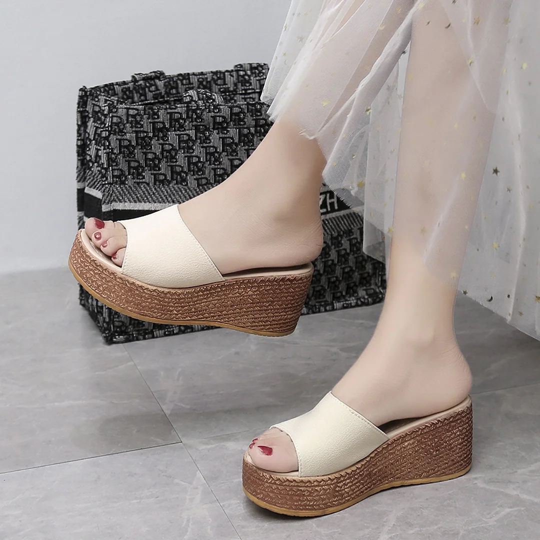 Breakj Breakj And Slippers Women Simple Solid Color 7Cm Word Cool Drag Out Of The Street Fashion Large-Size Slippers To Increase The High Loose Cake Slippers