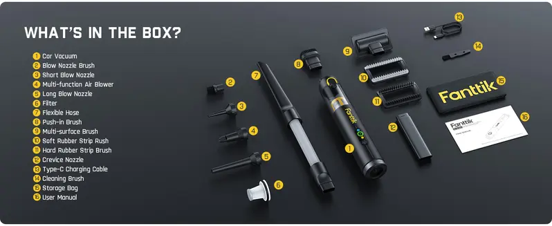 Product Introduction of Fanttik Slim V8 Mate/V8 Apex/V10 Apex Cordless Car Vacuum High Power, 12000Pa/30AW, RobustClean Mini Vacuum with Flexible Hose and Pet Brush, 2H Fast Charge, Portable Vacuum for Car Interior Home Cleaning Cleaner Automotive 27