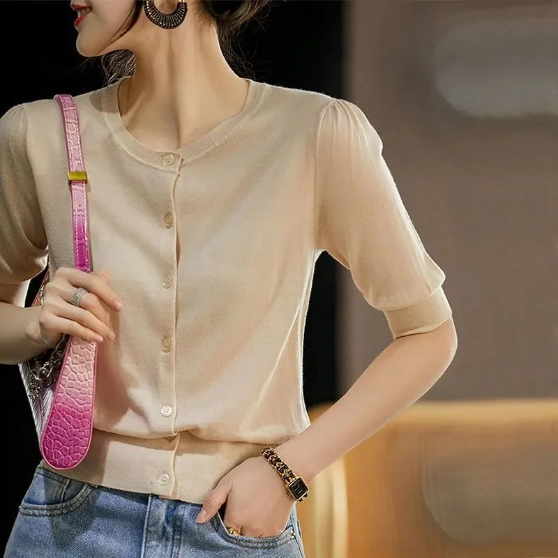 Athvotar Athvotar Knitted Jersey Women's Early Spring Round Collar Collar In The Middle Sleeve Ice Silk Thin Model Hit The Bottom Of The Coat Female Ocean