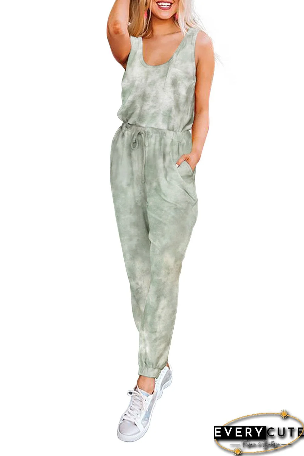 Green Tie Dye Drawstring Jogging Jumpsuit