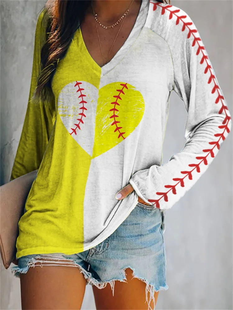 Wearshes Baseball Heart Print Contrast V Neck T Shirt