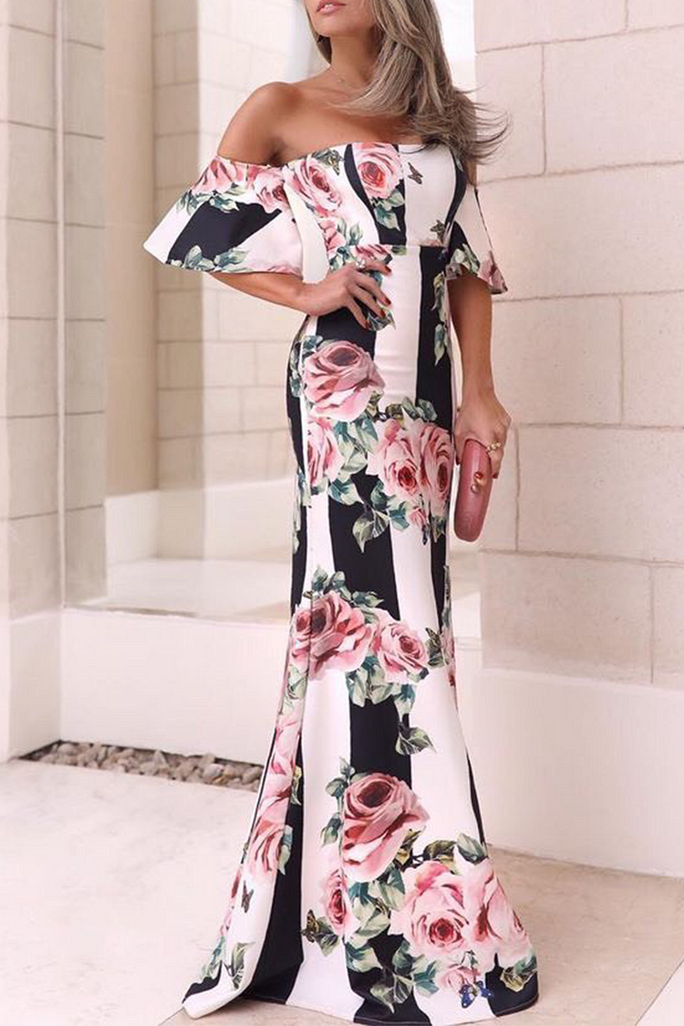 Fashion Elegant Floral Split Joint Strapless Pencil Skirt Dresses
