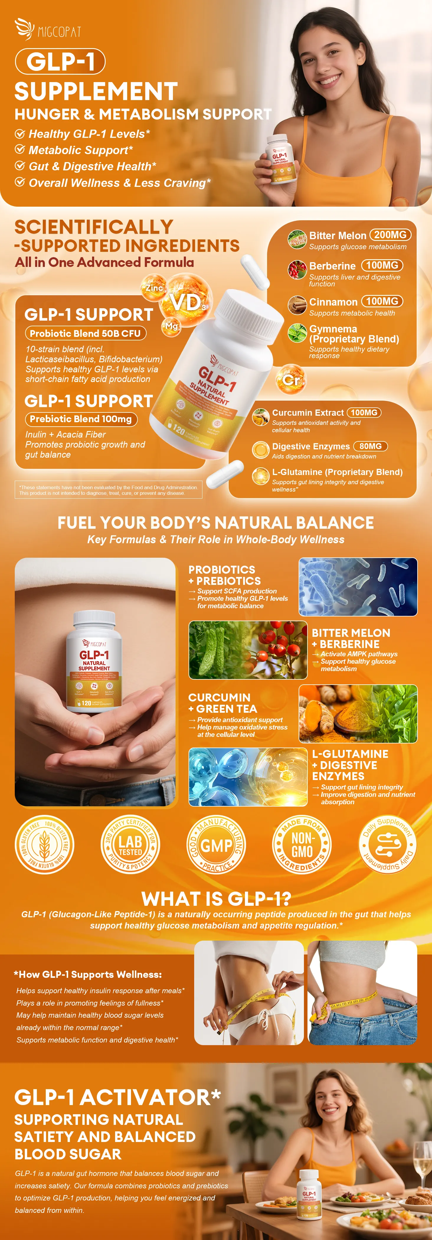 Clearance Sale】🔥GLP-1, GLP1 Supplement | Hunger & Metabolism Support - Probiotic, Prebiotic, Berberine, Chromium, Vitamin D3, Digestive Enzymes, GLP1 Support for Digestive & Gut Health Women Men