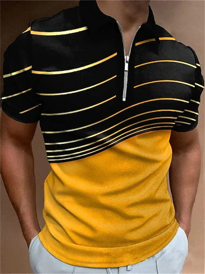Line Pattern Zipper Short Sleeve Polo Shirt Color Block Print Yellow Blue Pink Green-Cosfine