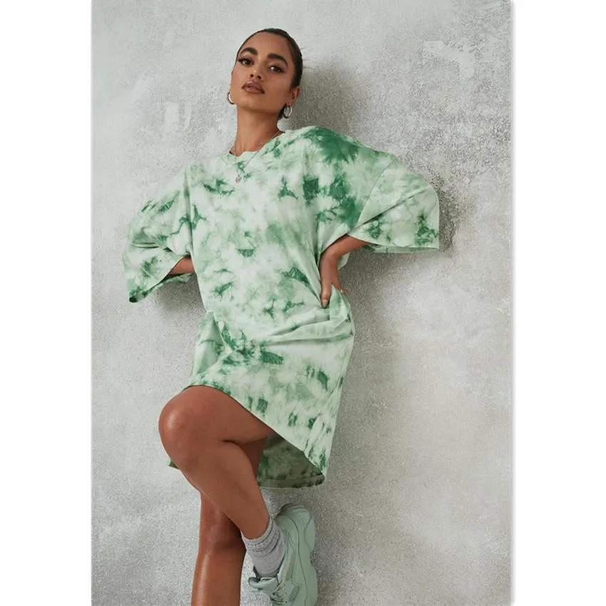  thdmladies Tie Dyed Print Loose Short Sleeve Dress thedmladies