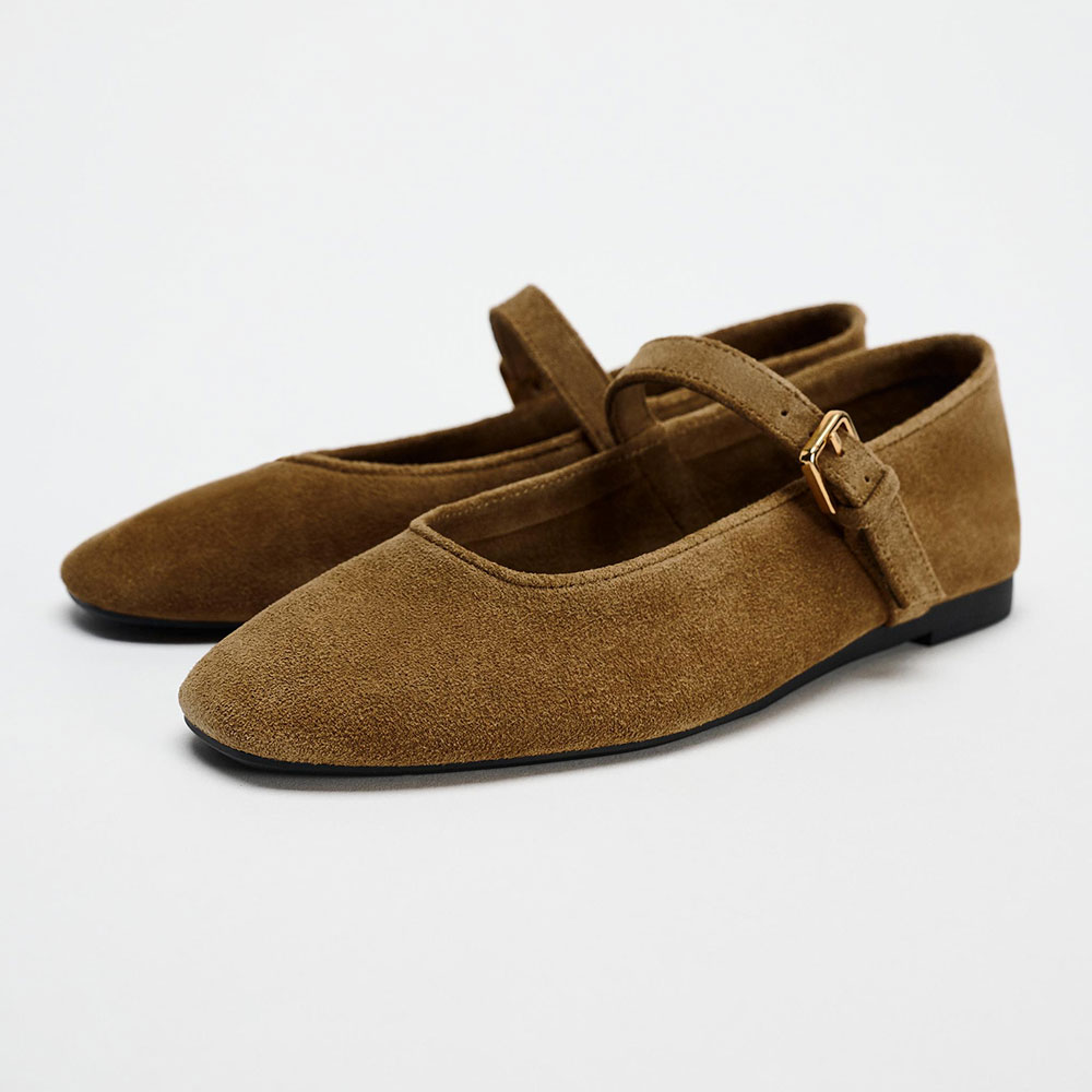 Brown Vegan Suede Buckle Strap Round Toe Flat Shoes for Women Nicepairs