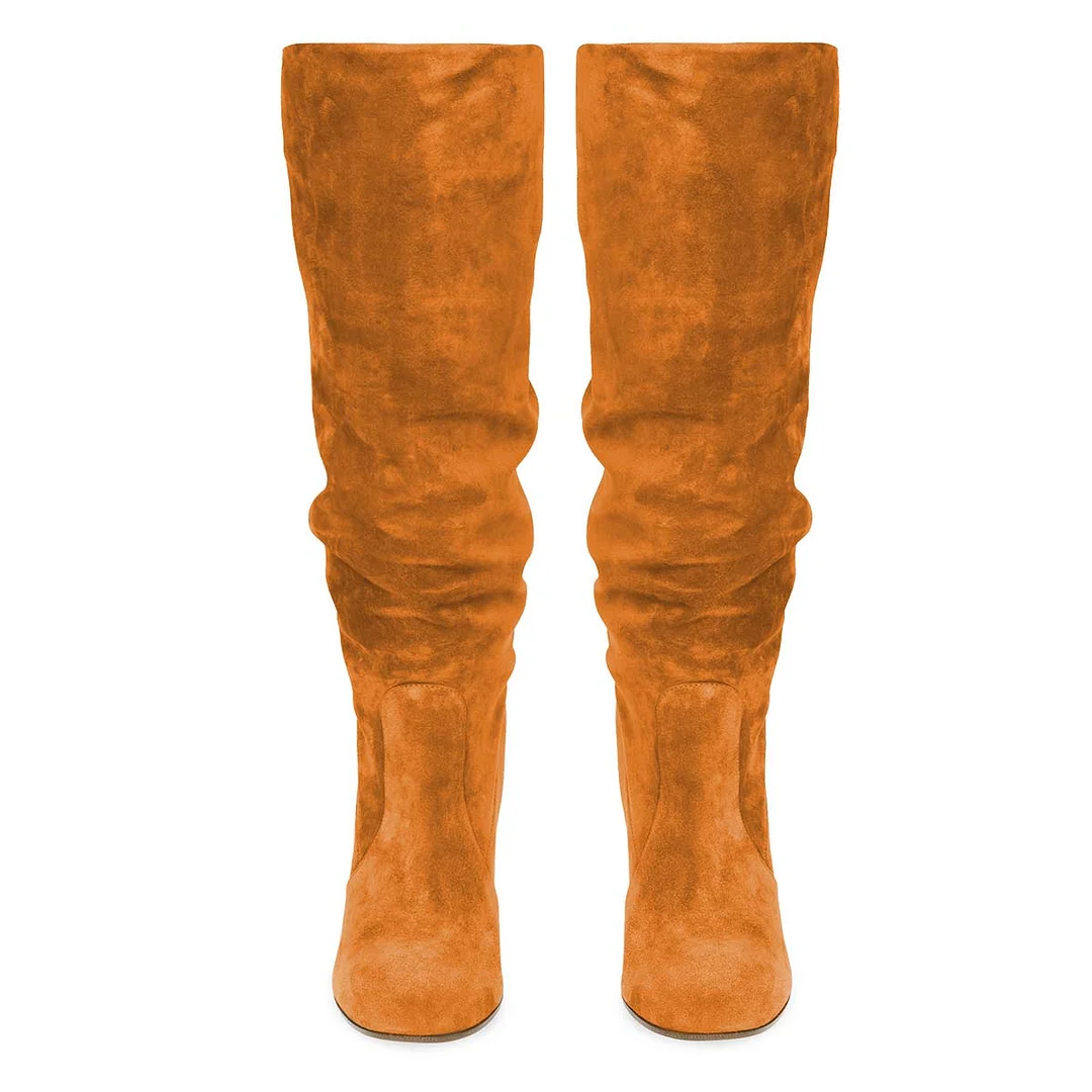 YDN Simple Orange Chunky Heel Round Toe Pull-On Slouch Tall Boots