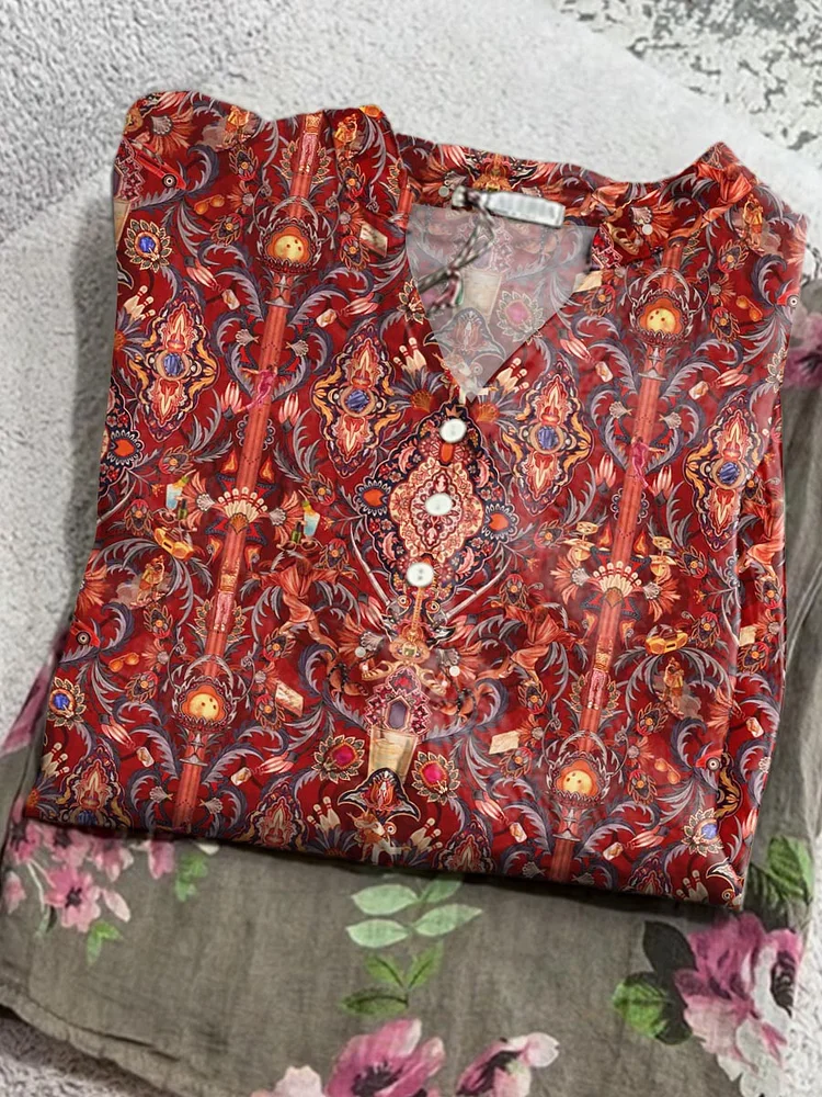 Women's Vintage Floral Art Print Casual Cotton And Linen Shirt
