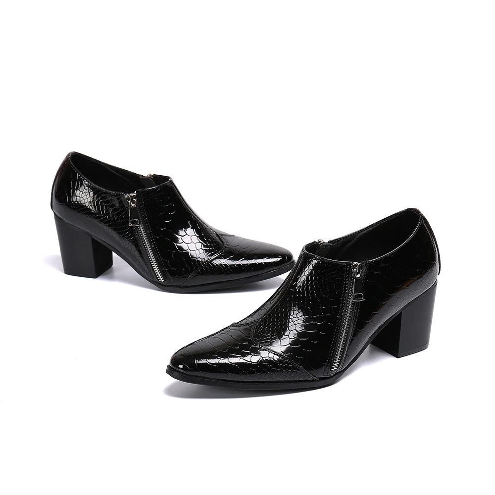 VCSHOES Black Genuine Leather Men Dress Shoes High Heel Party Men Shoes Club Dancer Thick Heel Male Ankle Boots