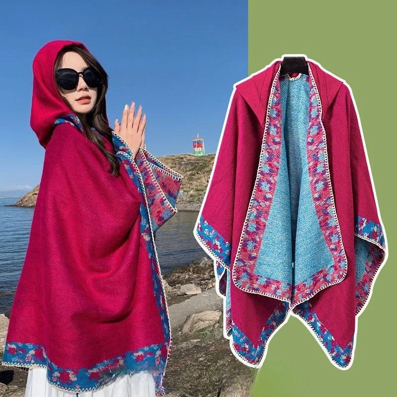 Ethnic Style Hooded Cape Women’s Yunnan Tibet Western Sichuan Grassland Bohemia Travel Wear Scarf Coat