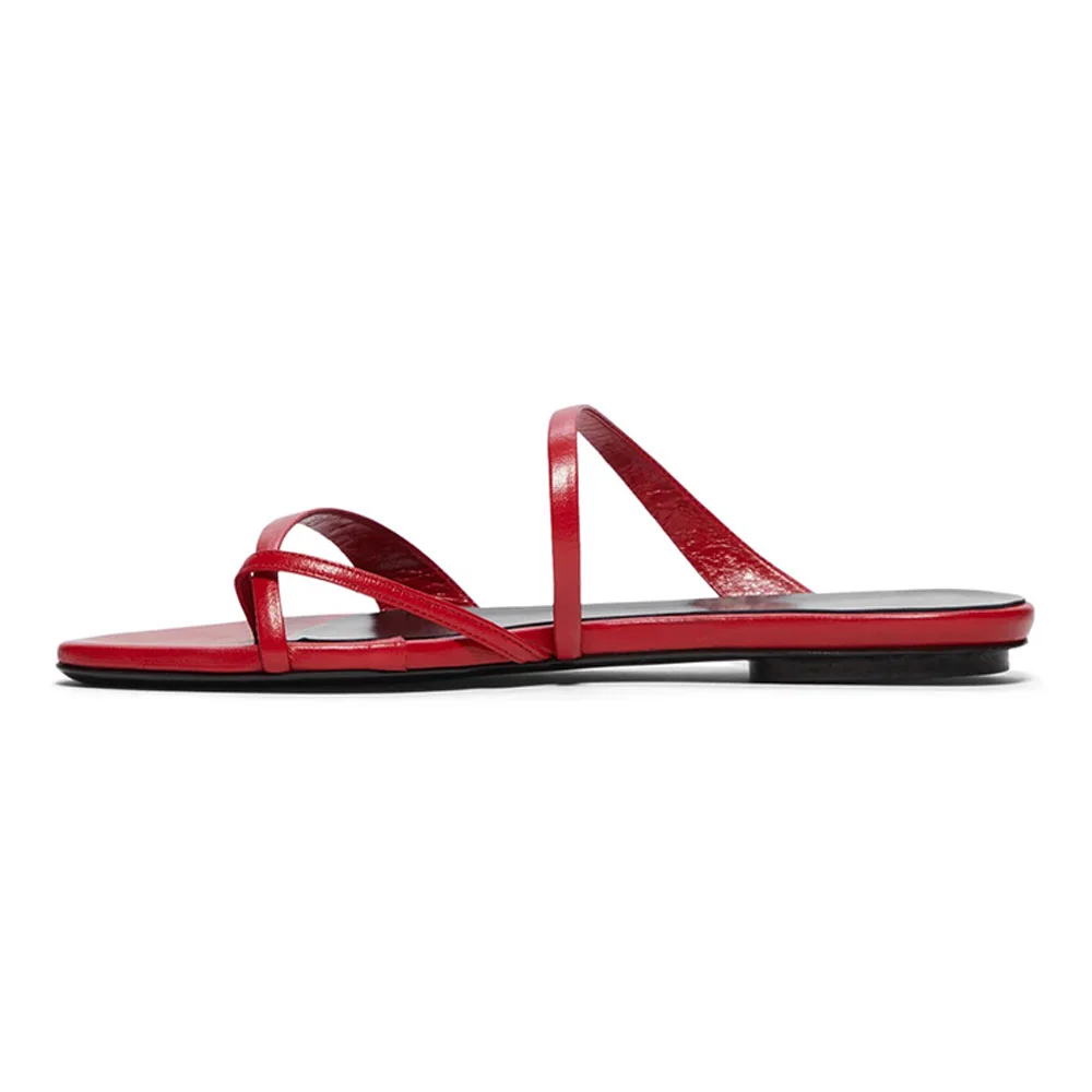 Red Slip On Strappy Flip Flop Flats Open Toe Women's Mules Shoes