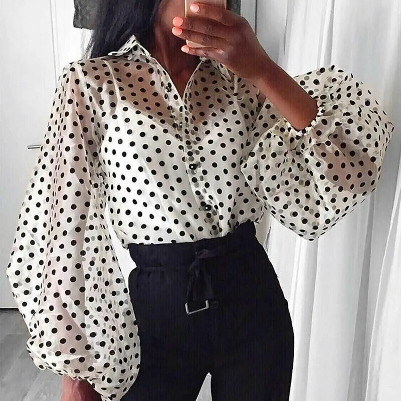 Women Polka Dot Retro Blouse Lady Early Autumn Modern Mesh Shirt See-through Loose Button  Puff Sleeve Blouse High Street Tops