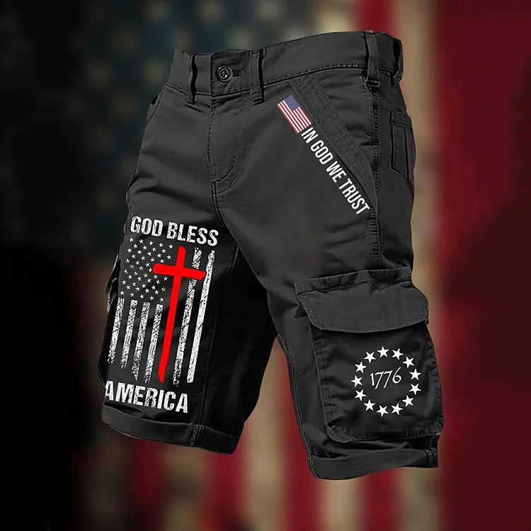 Man's Vintage In God We Trust Print Cargo Shorts