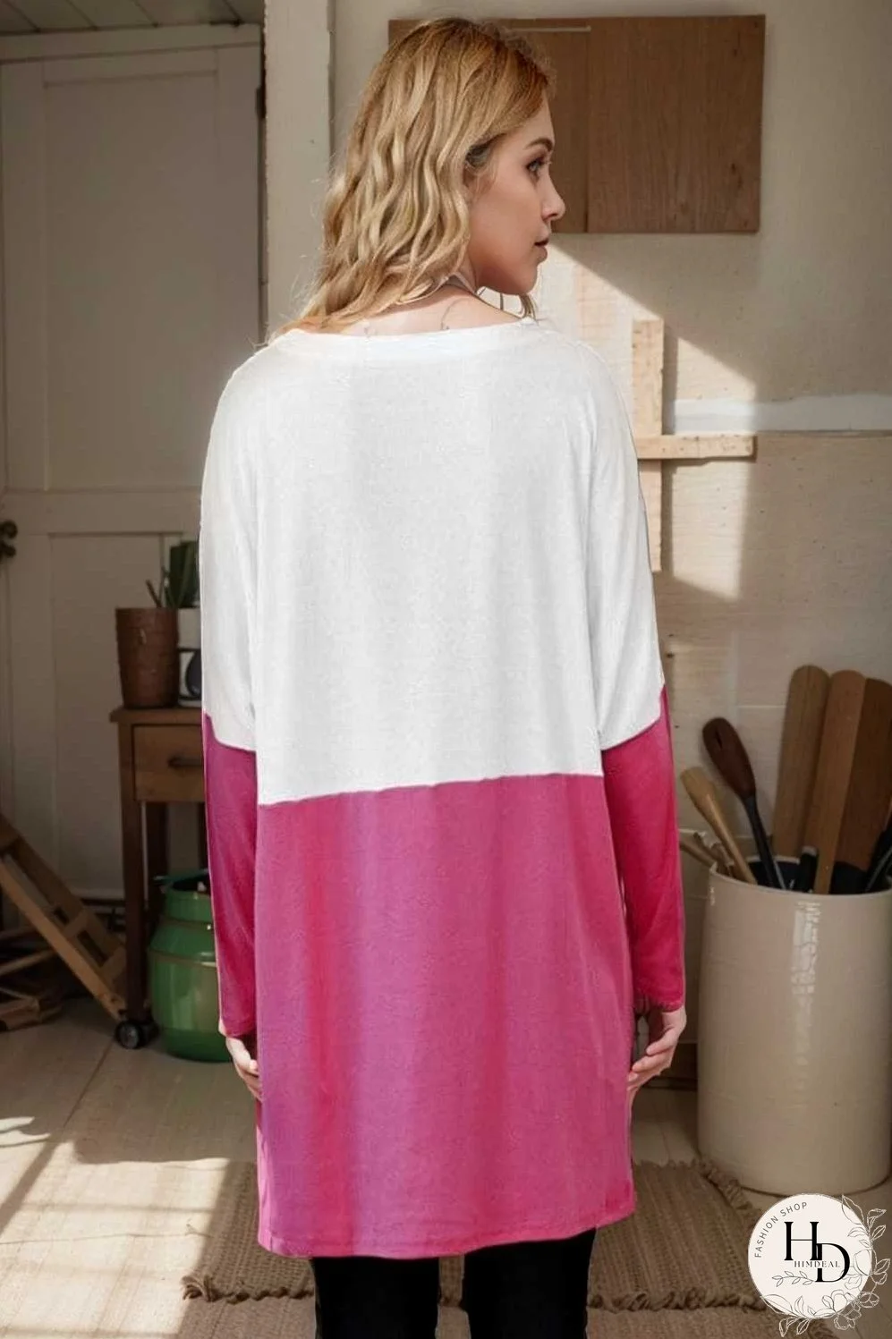 two color stitching pocket loose long sleeve t shirt