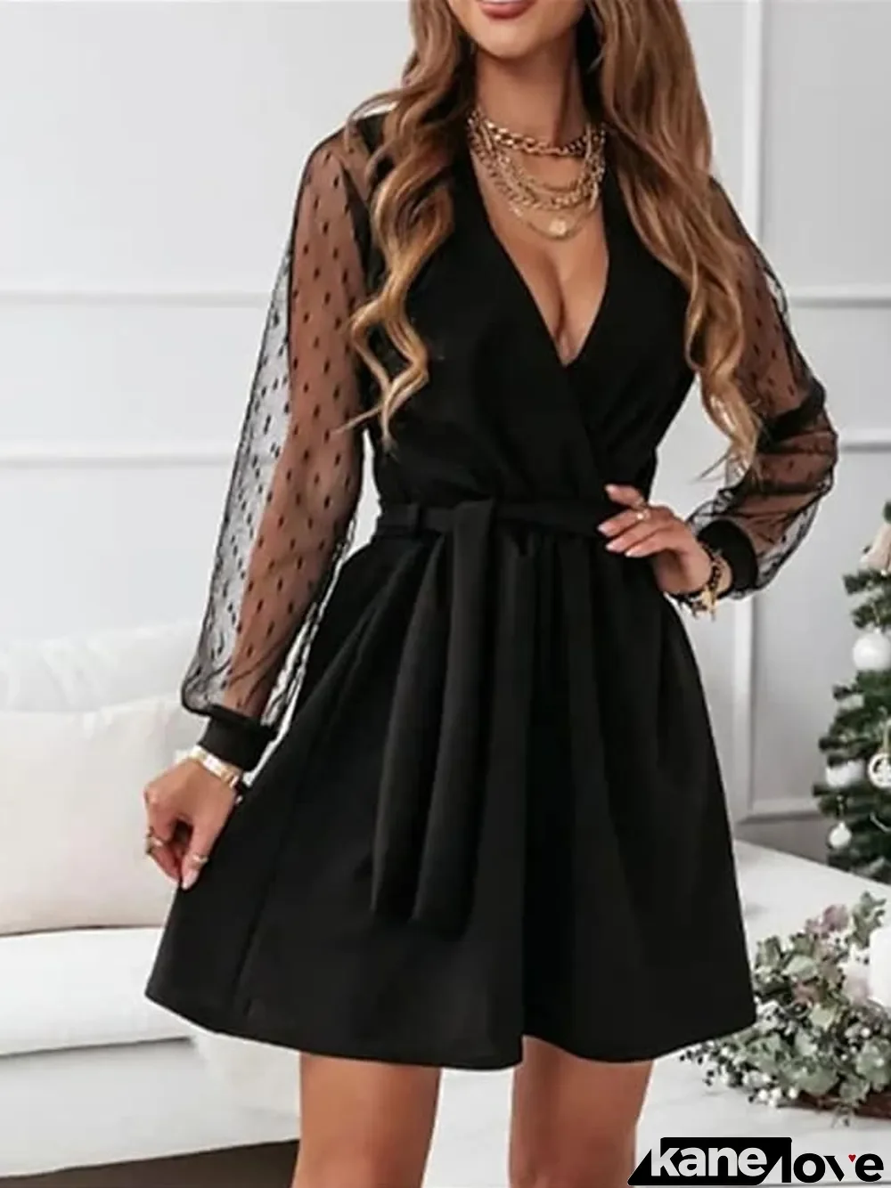 Women's Black Dress Lace Dress Plain Dress Mini Dress Patchwork With Belt Party Date Elegant Basic V Neck Long Sleeve Mesh Regular Fit Black Red Dark Green Color S M L XL XXL Size