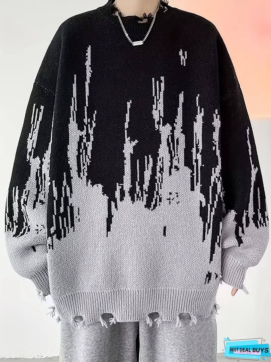 Mens Stylish Loose Color Matching Knitted Sweater Casual Breathable Long sleeve Crew neck