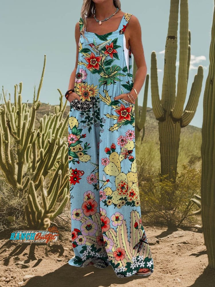 Women’s Hacienda Cactus Print Casual Strap Wide Leg Pants Blue / S
