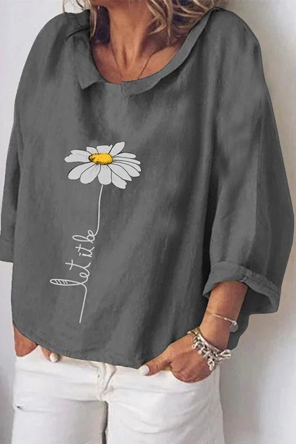 Fashion Lapel Daisy Print Long Sleeve T-shirt