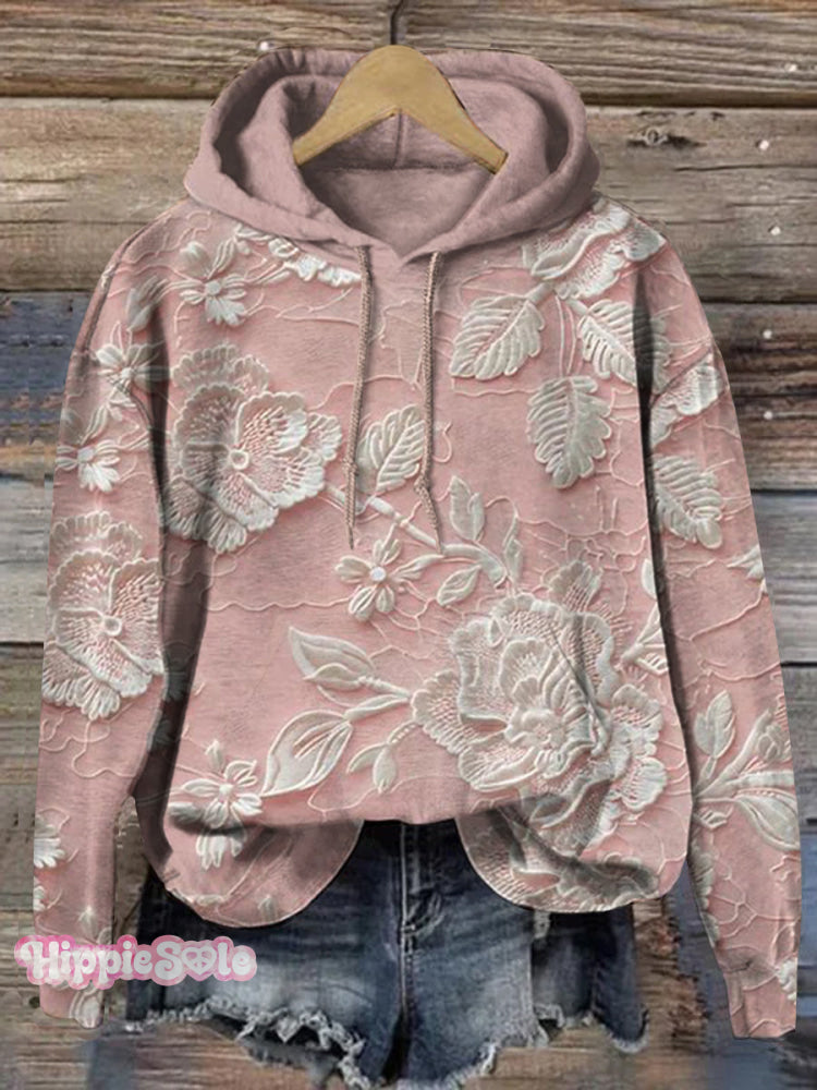 Women’s Floral Textured Art Patterns Prints Casual Pocket Hooded Sweatshirt Pink / S