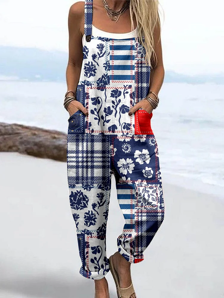 Wome'S Vintage  Floral Stripes Irregular Combination Pattern Print Casual Cotton Wide Leg Jumpsuit