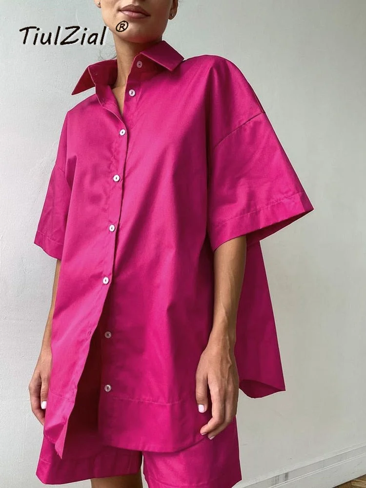 Summer Casual Short Set Pocket Tracksuit Loungewear Co-ord Women Outfits Long Oversized Shirt And High Waist Shorts