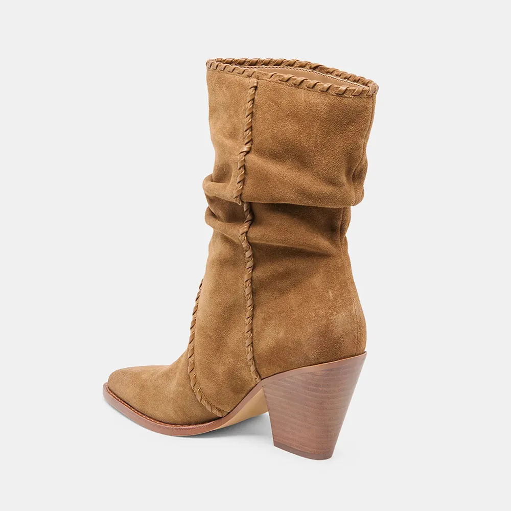 Brown Vegan Suede Pointed Toe Pleated Mid Calf Boots with Chunky Heel