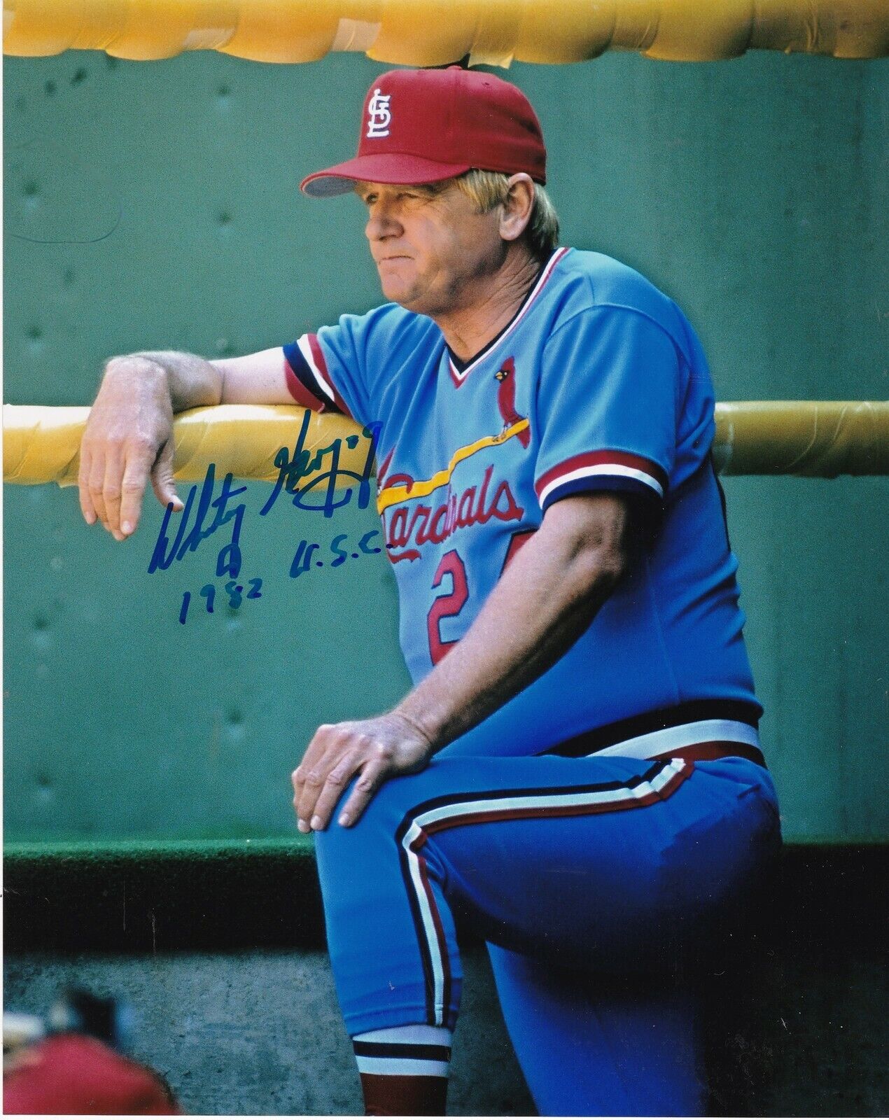 WHITEY HERZOG ST. LOUIS CARDINALS 1982 WS CHAMPS ACTION SIGNED 8x10