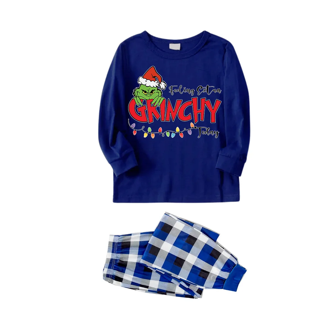 Green Cartoon Pettern And Red Letter Pattern Print Blue Top And Blue&White Plaid Pants Family Matching Pajamas