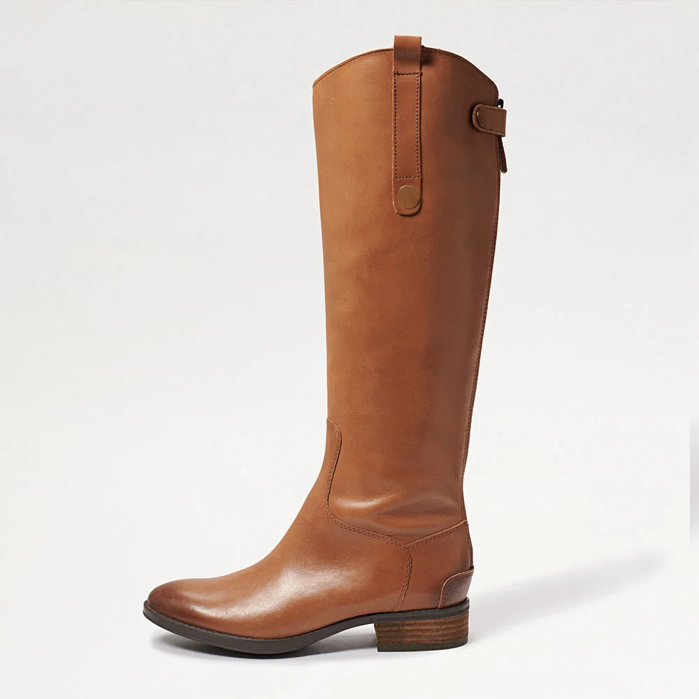 Brown Round Toe Chunky Heel Tall Boots for Women with Zipper