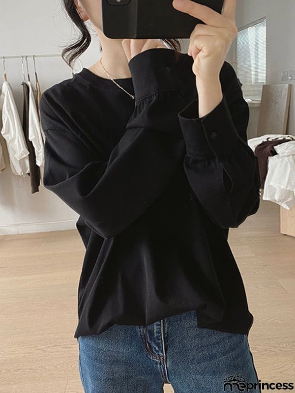 Long Sleeves Loose Solid Color Round-Neck T-Shirts Tops