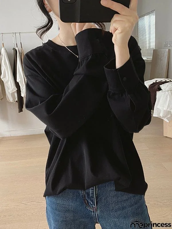 Long Sleeves Loose Solid Color Round-Neck T-Shirts Tops