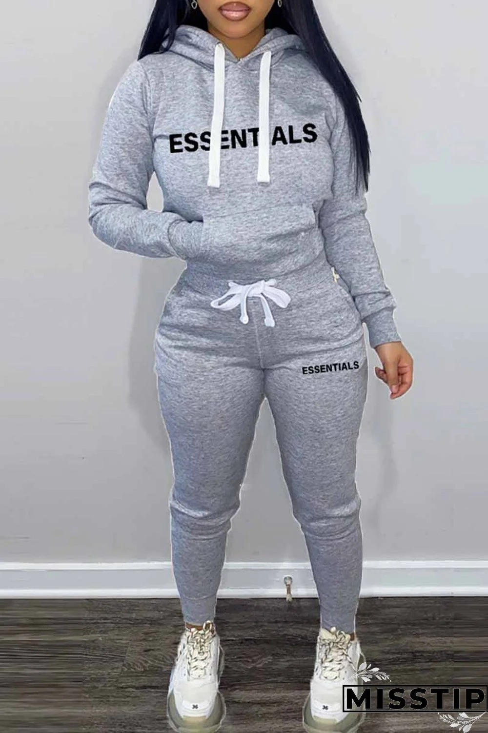 Khaki Elegant Print Letter Hooded Collar Long Sleeve Two Pieces