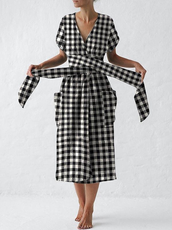 Dress Checkered conventional Splice Micro-elasticity Cotton Linen Spring Summer Autumn Casual-Mayoulove