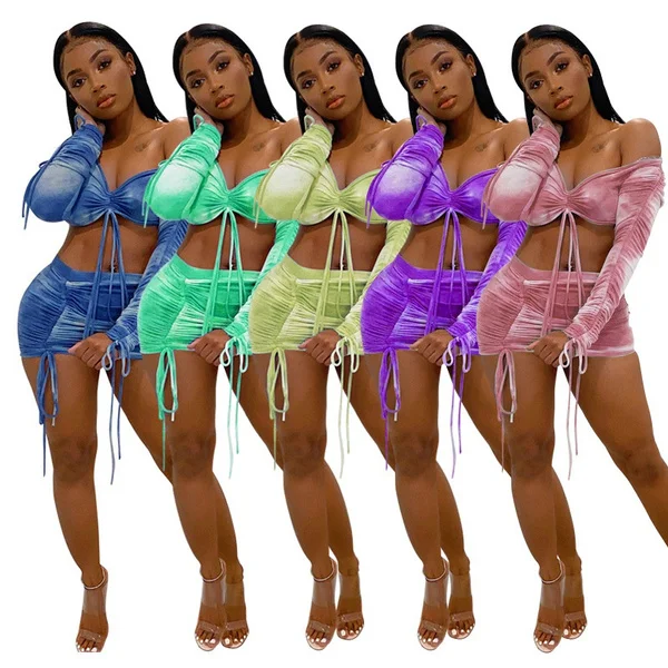Tie Dye Print Drawstring Sexy Co-Ord Sets Women Long Sleeve Ruched Sexy 2 Piece Outfits Club Bodycon Top & Skirt Set