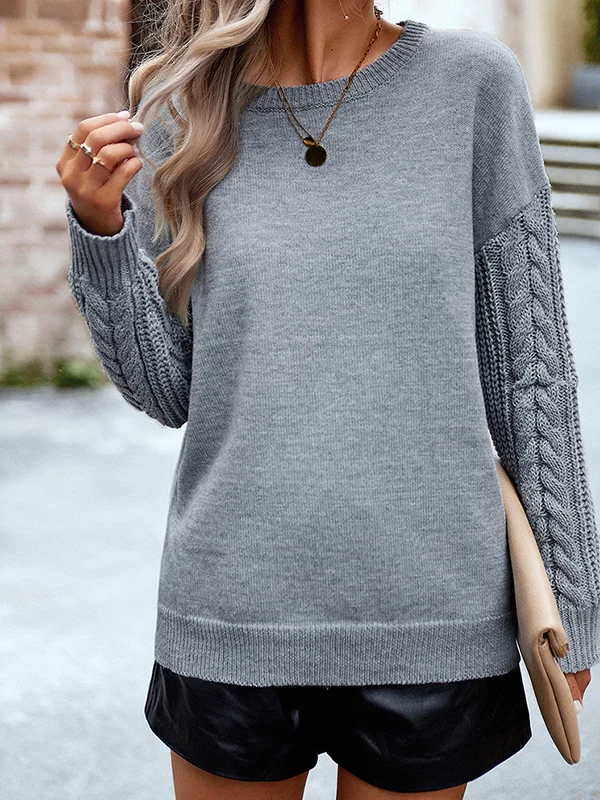 Solid Color Loose Long Sleeves Round-Neck Sweater Pullovers