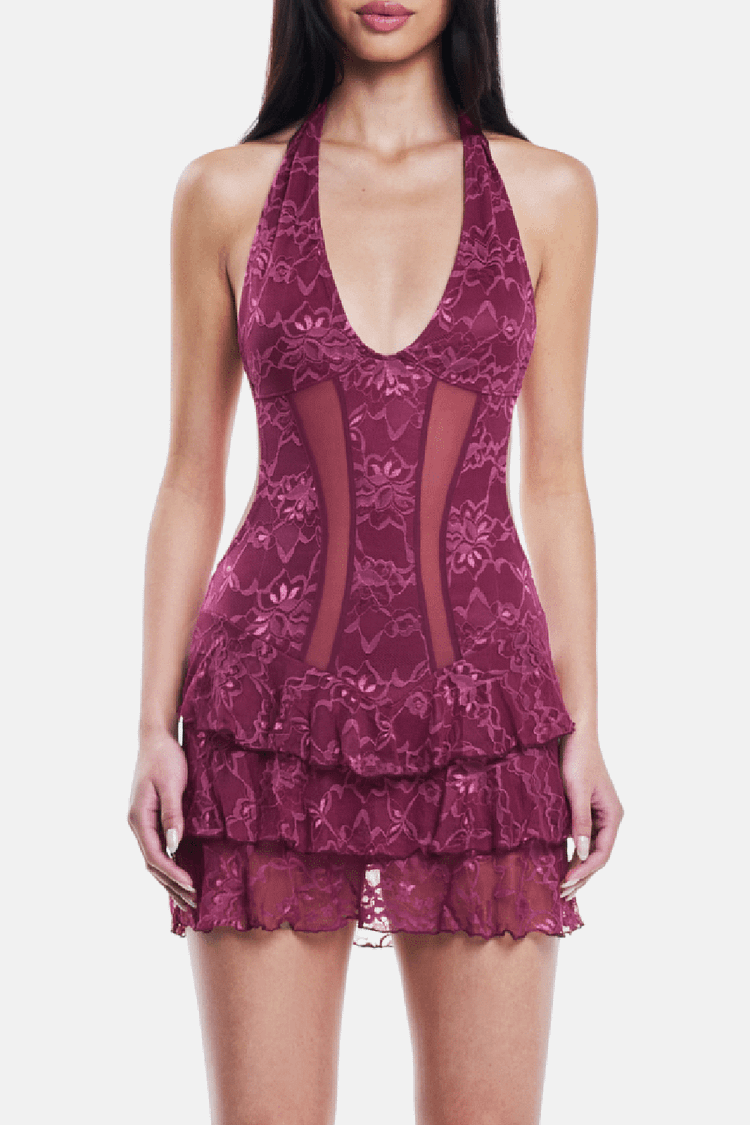 Halter Plunge Neck Jacquard Layered Ruffled Mini Dresses-Burgundy [Pre Order]